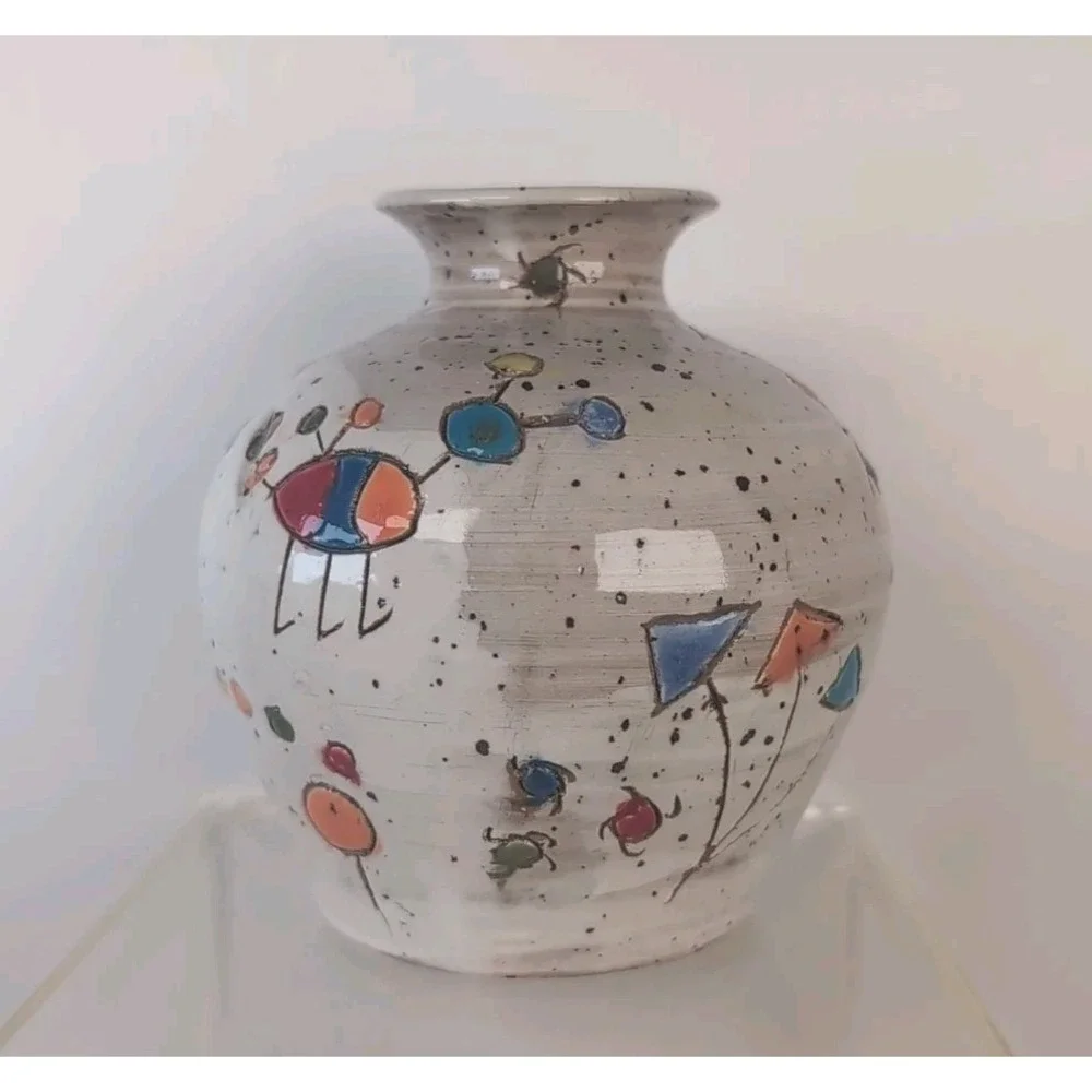 Glazed Handmade Pot/Vase Colorful Design Signed & Dated Contemporary, Cute Bugs?